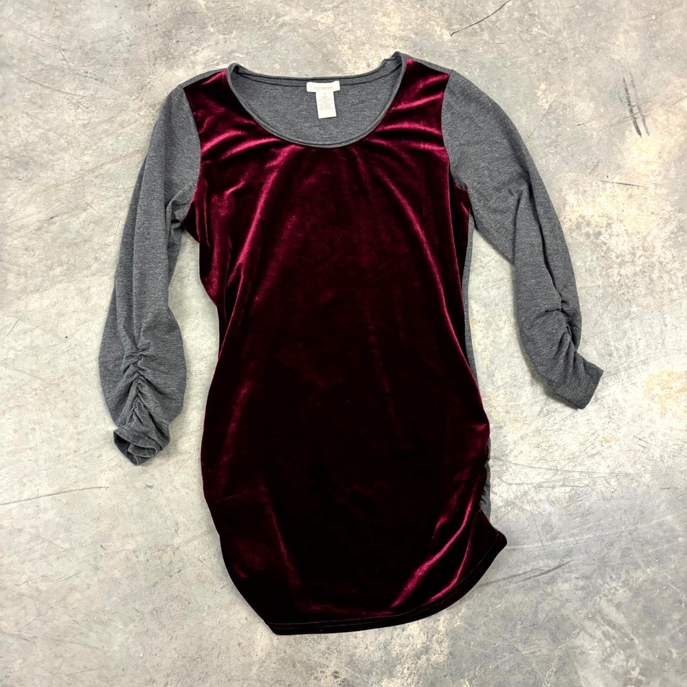 Sundance Womens Small Velvet Front Tunic Top Gray Burgundy Ruched Long Sleeve